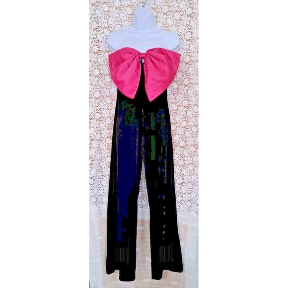 Nasty Gal Pants - Nasty Gal Velvet Jumpsuit Women's 6 Black Pink Bow One Piece Side Zip Boho Y2K